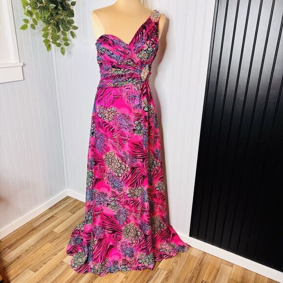 Dreamz by Riva Designs Maxi Gown Sheath Dress One Shoulder Crystal Crazy Animal - Picture 2 of 16